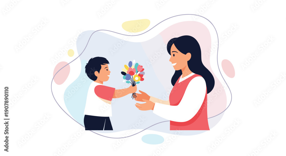 Obraz premium Joyful Illustration Depicting a Son Presenting a Colorful Bouquet of Heart-Shaped Balloons to His Mother Symbolizing Love and Appreciation on Mother's Day with a Festive, Generative AI.