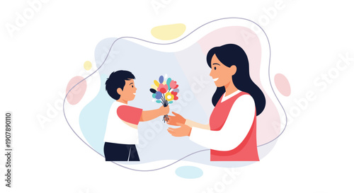 Joyful Illustration Depicting a Son Presenting a Colorful Bouquet of Heart-Shaped Balloons to His Mother Symbolizing Love and Appreciation on Mother's Day with a Festive, Generative AI.