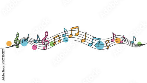 Musical notes and treble clef on a wavy staff with colorful circles representing a vibrant melody, song, and festive celebration.