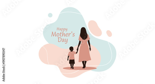 Serene silhouette: mother and child walking hand-in-hand with Happy Mother's Day text symbolizing guidance love and growth, Generative AI.