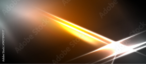 Abstract light flares dominate dark background. Bright orange, white streaks create dynamic visual effect. Energy radiates from central point.
