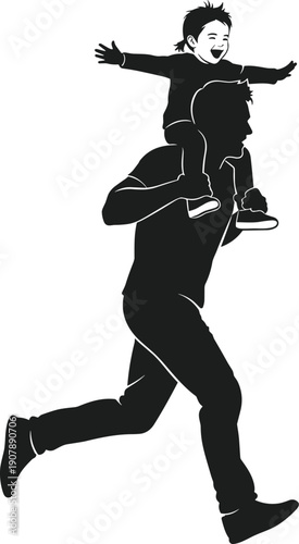 Dad Carrying Joyful Child on Shoulders Silhouette Vector father