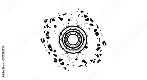 Geometric abstract background with concentric circles and scattered black shapes on white