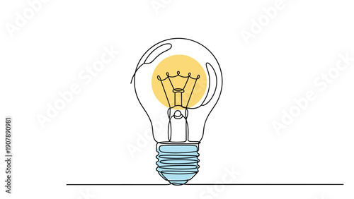 Classic light bulb continuous line drawing with a yellow filament and blue base representing bright ideas, innovation, and electricity.
