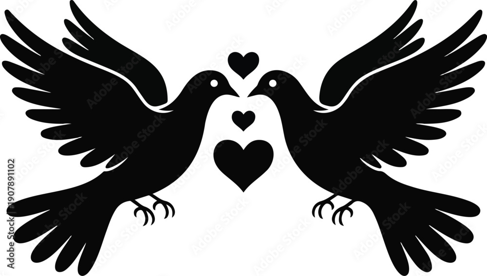 Fototapeta premium Elegant Dove Silhouette Icon Set Flying Pair with Heart