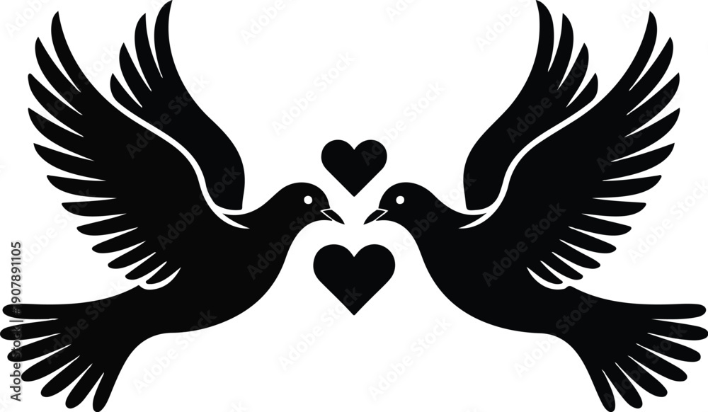 Fototapeta premium Elegant Dove Silhouette Icon Set Flying Pair with Heart