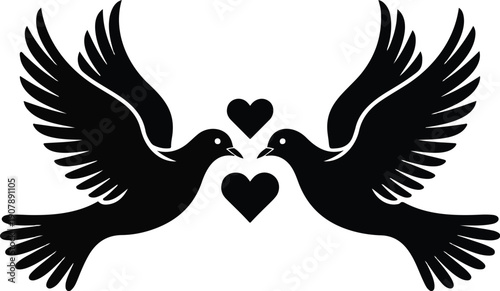 Elegant Dove Silhouette Icon Set  Flying Pair with Heart