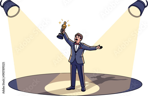 Flat 2D vector, Businessman Celebrating Success With Trophy Isolated on Transparent Background