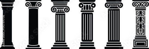 Classic column icon set featuring ancient Greek and Roman pillars in silhouette style, architectural temple elements for history and building design isolated on white background.