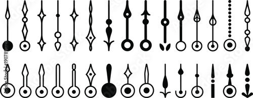 Clock hands icon set featuring various vintage and modern watch pointers, time indicator elements for wall clock and timer design isolated on white background.