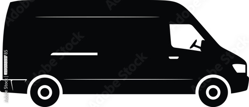 Delivery van silhouette icon showing cargo transport vehicle side view, logistics shipping and commercial transportation symbol isolated on white background for business design.