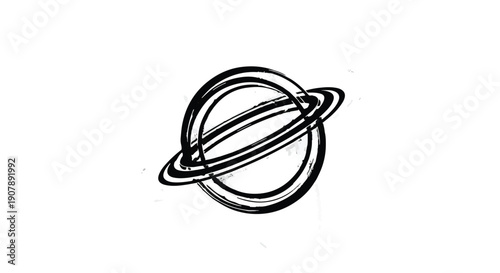 Simple black line drawing of Saturn planet with rings in space, minimalist astronomy illustration for educational or decorative use