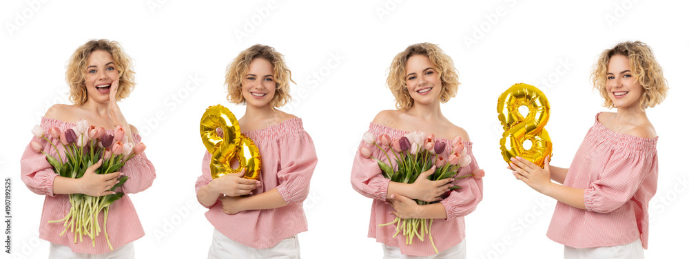 Naklejka premium Girl with flowers and balloons for Women's Day, isolated, PNG