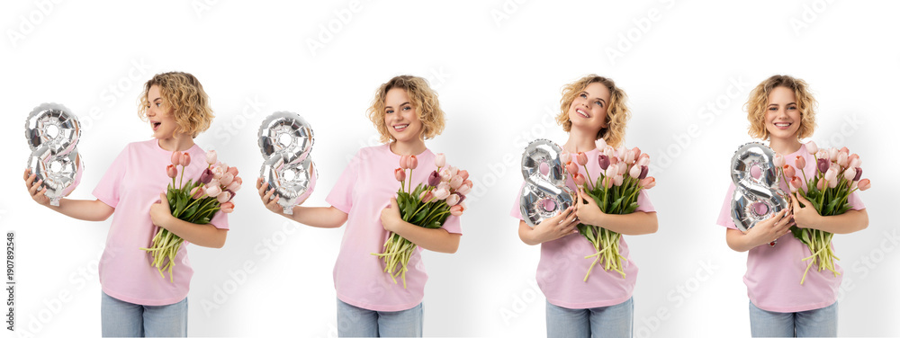 Naklejka premium Girl holds balloons and flowers for women's day, isolated, PNG