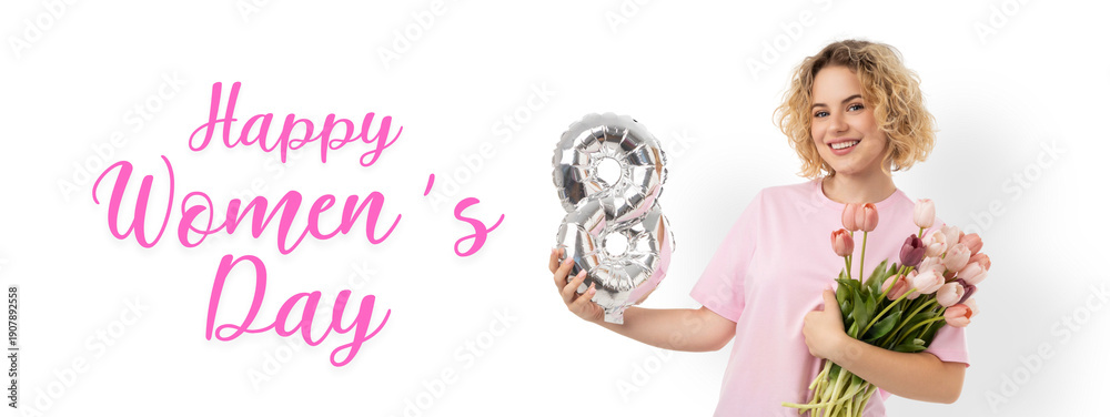 Naklejka premium Woman holds flowers and a balloon in celebration, isolated, PNG