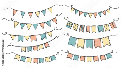 Various colorful party bunting flag garlands in a continuous line drawing style create a festive and celebratory atmosphere.