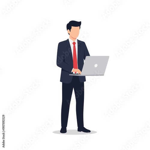 Professional man in a suit holding a laptop, representing modern business and technology