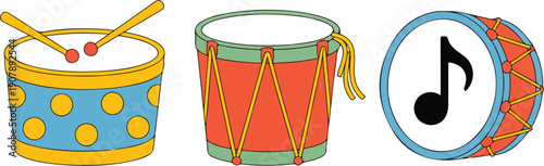 Cute Drum Instrument Outline Set Cartoon Percussion for Kids Music
