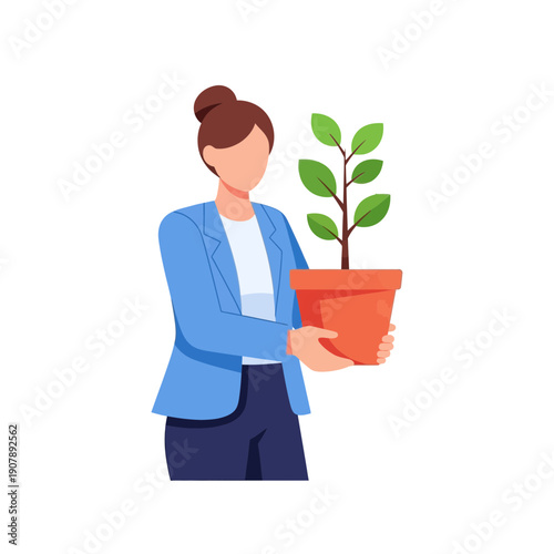 Professional woman nurturing a vibrant potted plant, symbolizing growth, sustainability, and environmental responsibility in business, personal development, and future investment