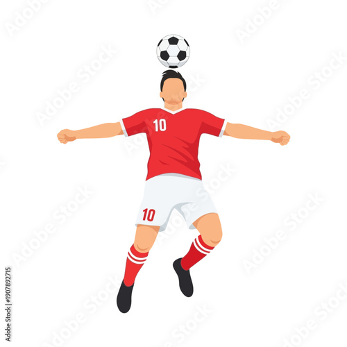 Skilled male soccer player balancing football on head mid-air, showcasing exceptional control and agility in a dynamic vector illustration
