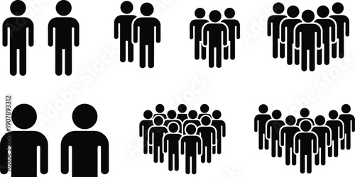 People group icon set in black silhouette style showing single person and crowd symbols, teamwork community and population pictograms isolated on white background.