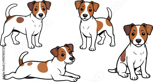 A cartoon illustration of four Jack Russell Terrier dogs in different poses on a white background.