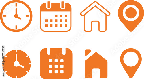 Time, calendar, home and location pin icon set in orange outline and solid styles, scheduling, navigation and real estate UI symbols isolated on white background.
