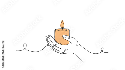 Continuous line drawing of two hands carefully holding a lit candle with a soft orange glow representing hope and memory.