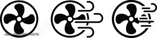 Ventilation fan icon set in black silhouette style showing air circulation, cooling and airflow motion symbols for climate control and HVAC design isolated on white background.