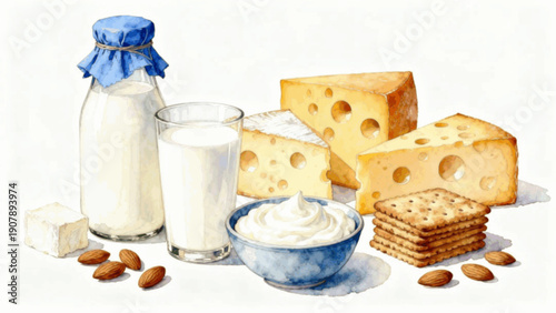 Rustic Snack Milk & Cheese Still Life isolated watercolor vector illustration svg