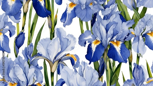 seamless pattern with blue and white spring flowers