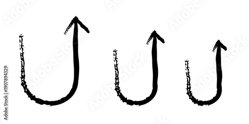 Hook arrows upward right grunge doodle design element set. U-shaped curved signs of varying size. Handdrawn pointers. Dynamic sketchy rough direction cliparts. Distressed black ink line symbols