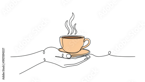 Continuous line drawing of a hand holding a saucer with a steaming cup of coffee or tea represents relaxation and break.