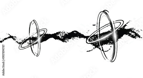 Abstract Cosmic Ink Streak with Dual Orbital Rings, Grunge Splatter and Minimalist Planetary Systems Vector Illustration