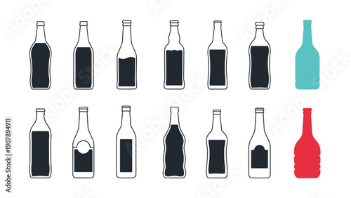 Collection of various bottle icons in silhouette style showing different shapes for wine beer and water containers.