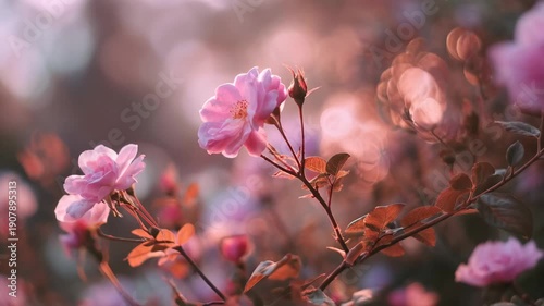 Flowers bloom in a garden at sunset with soft light shining through the petals and leaves creating a warm atmosphere