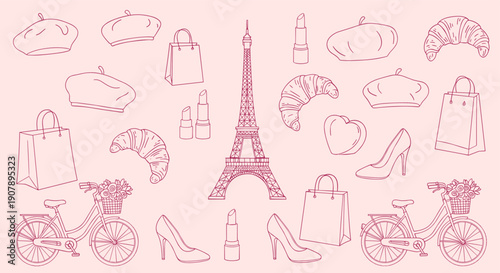 Charming Parisian Icons Collection Featuring Eiffel Tower Croissants Berets High Heels Shopping Bags and Bicycles on a Pink Background