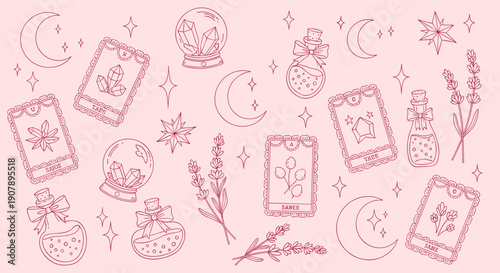 Mystical Esoteric Symbols and Celestial Elements in a Whimsical Pink and Rose Gold Aesthetic for Spiritual and Magical Themes