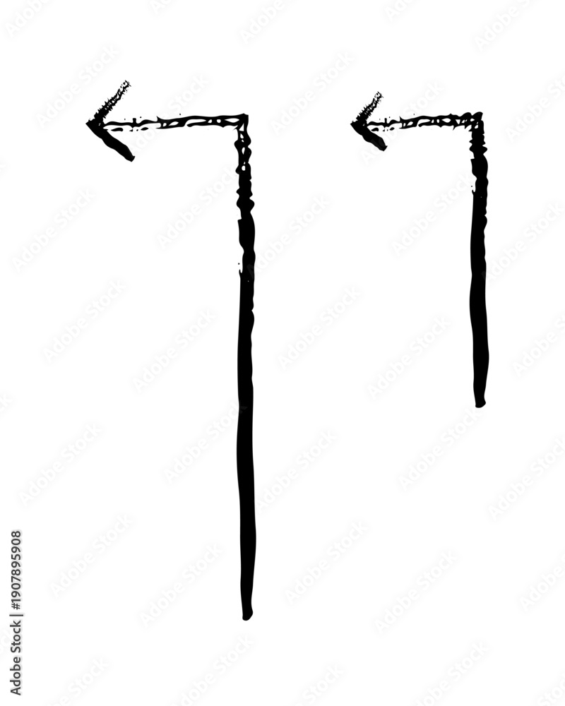 Fototapeta premium Vertical arrows turning left grunge doodle design element set. Sharp angle leftward flow. Reverse move. Handdrawn pointers. Dynamic sketchy rough direction cliparts. Distressed black ink line symbols