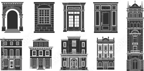 Collection of classical architectural facades illustration featuring historic European buildings, ornate entrances windows arches, heritage landmark detailed line artwork set