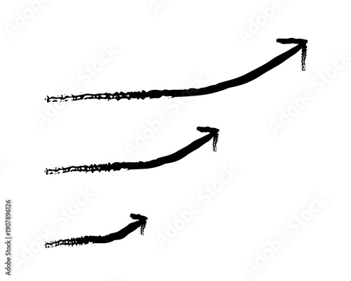 Curved end up arrows grunge doodle design element set. Arching upward rightward. Flexible rise. Handdrawn pointers. Dynamic sketchy rough direction cliparts. Distressed black ink line symbols