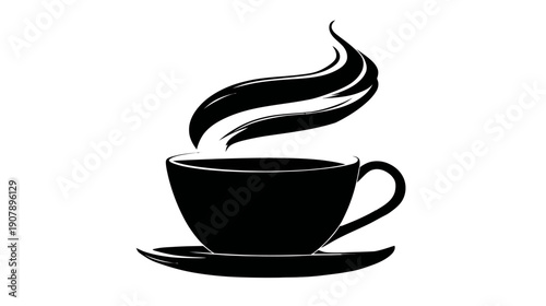 A black and white illustration of a coffee cup with rising steam, on a saucer