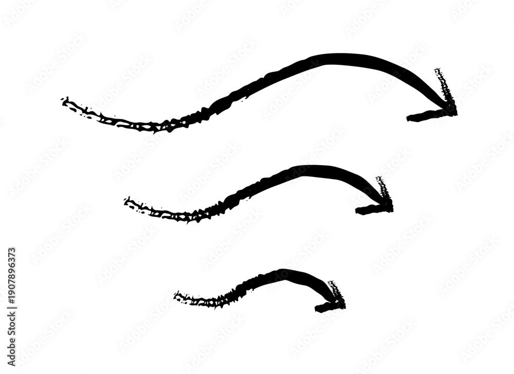Obraz premium Squiggly curved arrows pointing down grunge doodle design element set. Downward flow in fluid motion. Handdrawn pointers. Dynamic sketchy rough direction cliparts. Distressed black ink line symbols