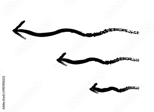 Wobbly wavy arrows pointing to left grunge doodle design element set. Leftward flow. Backward return. Handdrawn pointers. Dynamic sketchy rough direction cliparts. Distressed black ink line symbols