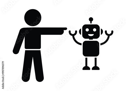 Vector illustration of a person pointing at a friendly robot with raised hands made in a vector style