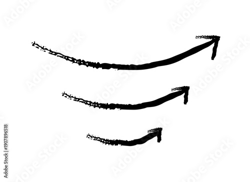 Curved up arrows grunge doodle design element set. Smooth curve pointing upward. Optimistic move. Handdrawn pointers. Dynamic sketchy rough direction cliparts. Distressed black ink line symbols