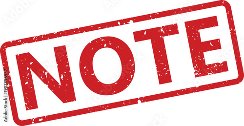A distinctive red rubber stamp with an aged appearance prominently features the word NOTE against a plain white backdrop