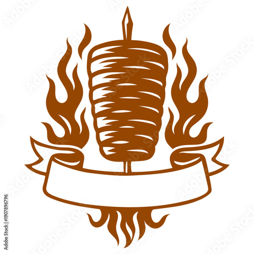 Döner Spieß mit Flammen und Banner - Street Food Vektor Illustration
