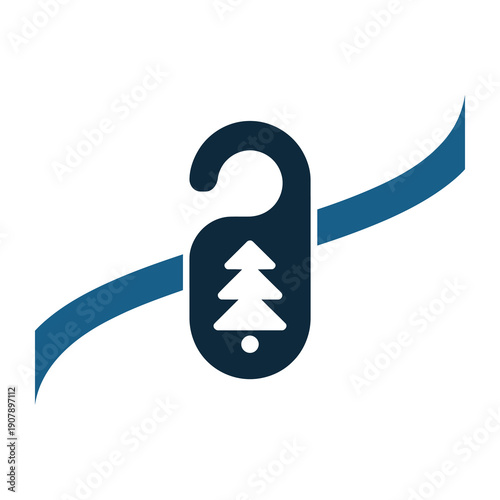 Vector graphic of a door hanger with a christmas tree design on it hangs on a blue ribbon.