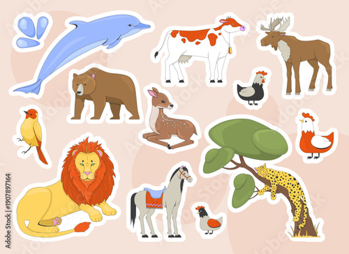 Cute animals and wildlife colorful die-cut sticker sheet. Wild fauna. Farm birds and mammals. Zoo nature. Flat cartoon collage design. Vector illustration. Labels pack for journaling, scrapbooking